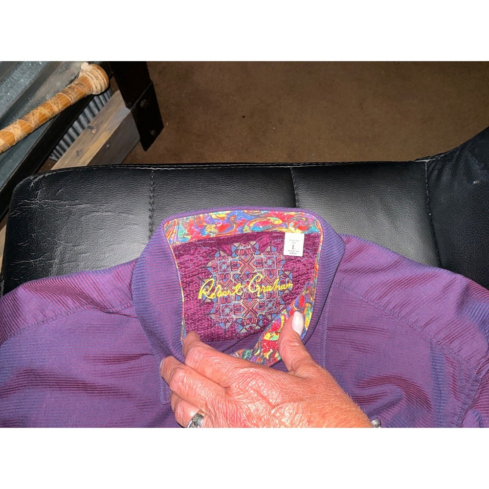 Robert Graham‎ Mens Purple Ribbed Button Down Classic Fit Large Paisley Trim